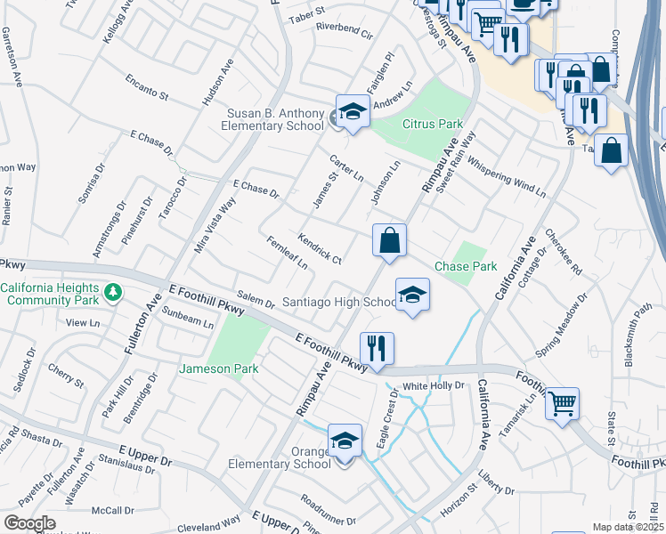 map of restaurants, bars, coffee shops, grocery stores, and more near 1236 kendrick Court in Corona