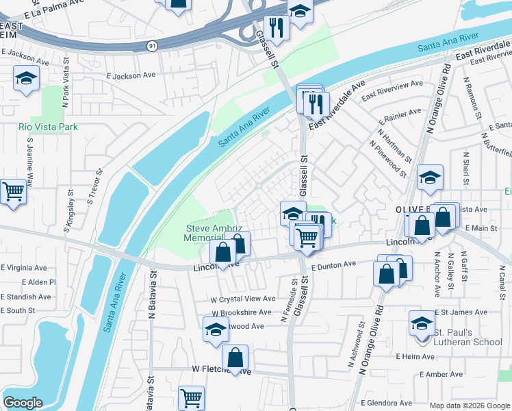 map of restaurants, bars, coffee shops, grocery stores, and more near in Orange