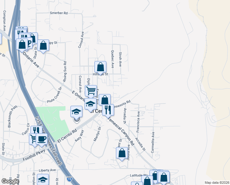 map of restaurants, bars, coffee shops, grocery stores, and more near 19380 Quebec Avenue in Corona
