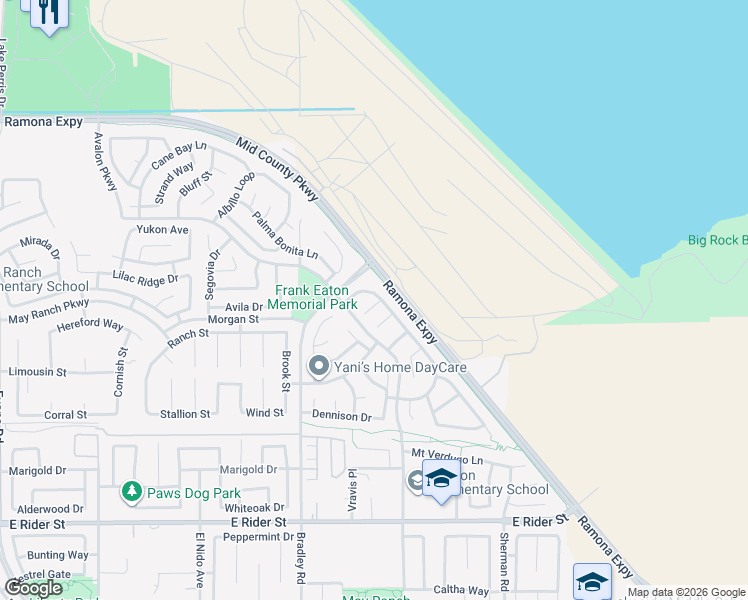 map of restaurants, bars, coffee shops, grocery stores, and more near 3921 Barbury Palms Way in Perris