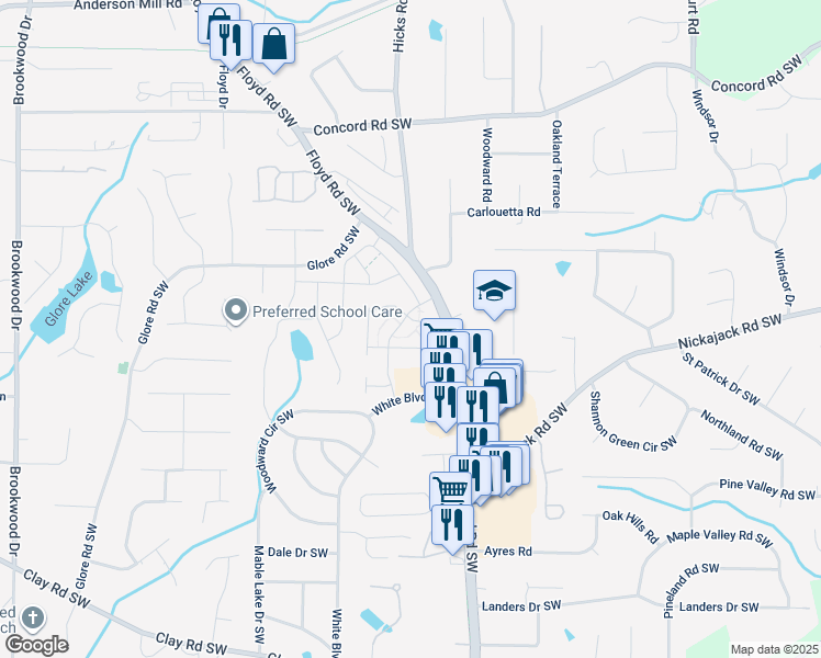 map of restaurants, bars, coffee shops, grocery stores, and more near 4730 Floyd Road Southwest in Mableton