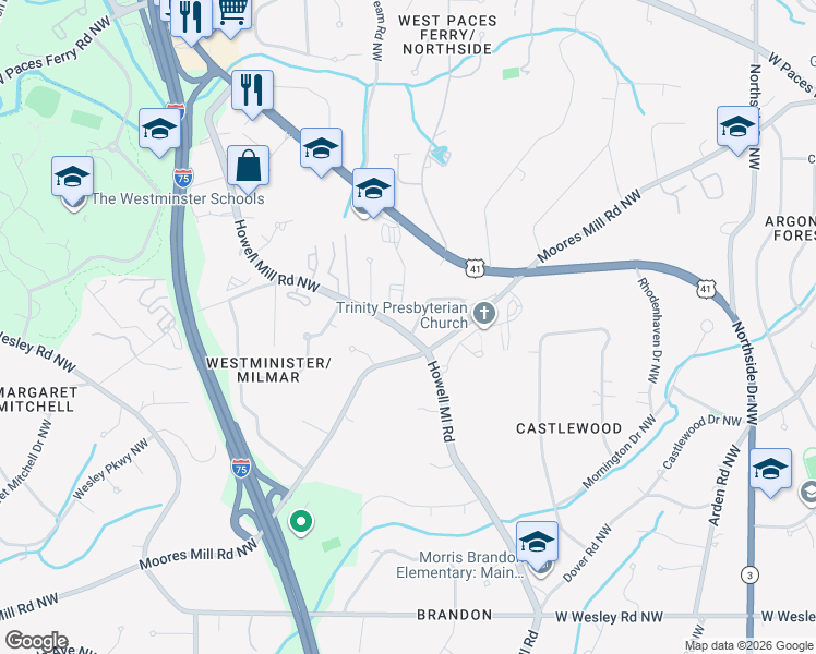 map of restaurants, bars, coffee shops, grocery stores, and more near 3005 Howell Mill Road Northwest in Atlanta
