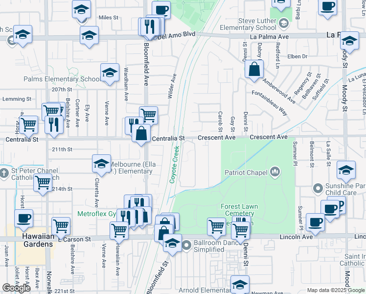 map of restaurants, bars, coffee shops, grocery stores, and more near 20917 Pioneer Boulevard in Lakewood