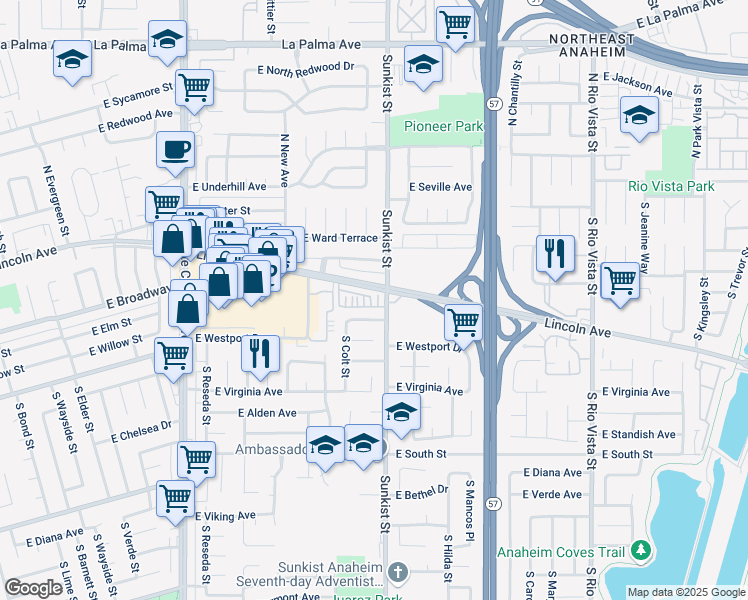 map of restaurants, bars, coffee shops, grocery stores, and more near 2420 East Agave Street in Anaheim