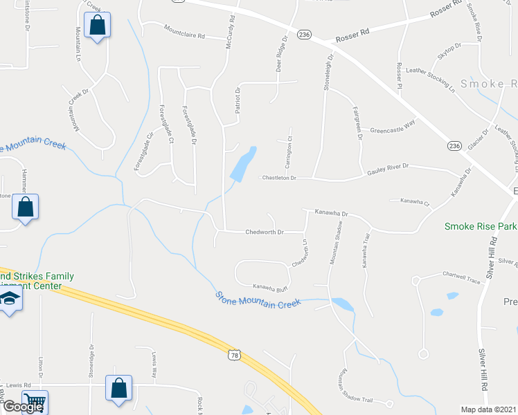 map of restaurants, bars, coffee shops, grocery stores, and more near 1886 Chedworth Court in Stone Mountain