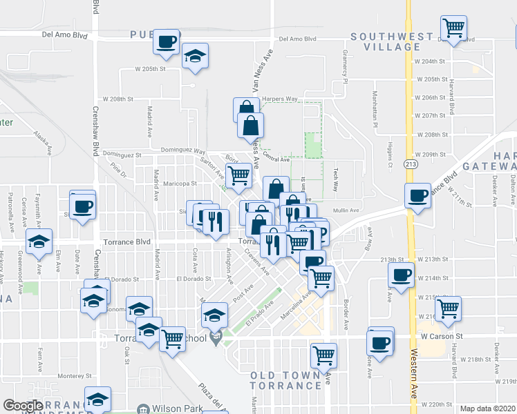 map of restaurants, bars, coffee shops, grocery stores, and more near 836 Sartori Avenue in Torrance