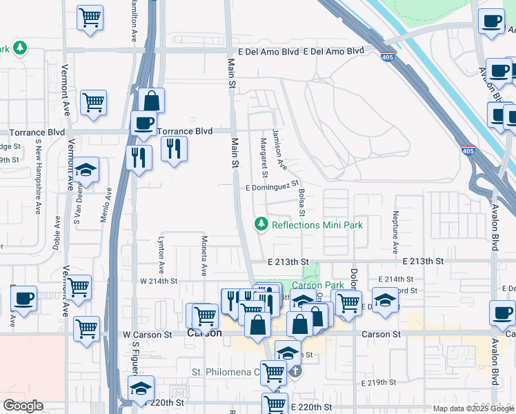 map of restaurants, bars, coffee shops, grocery stores, and more near 21036 Shearer Avenue in Carson