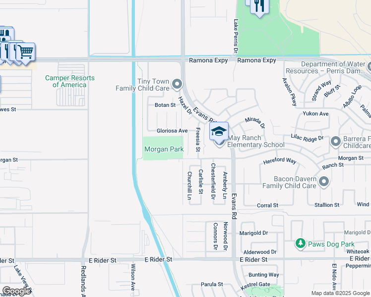 map of restaurants, bars, coffee shops, grocery stores, and more near 3620 Ginger Street in Perris