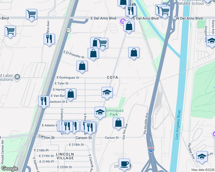 map of restaurants, bars, coffee shops, grocery stores, and more near 21109 South Santa Fe Avenue in Carson