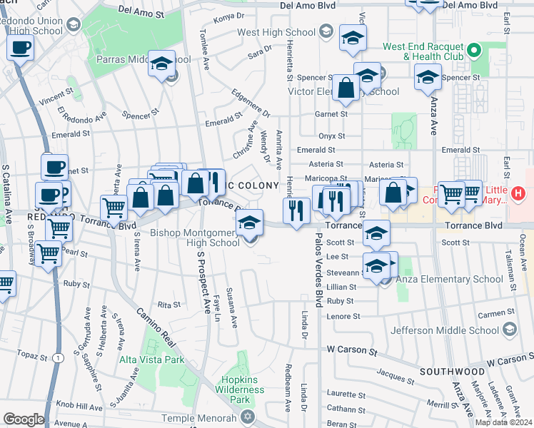 map of restaurants, bars, coffee shops, grocery stores, and more near 5481 Torrance Boulevard in Torrance