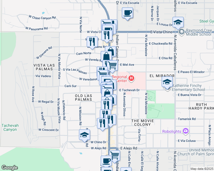 map of restaurants, bars, coffee shops, grocery stores, and more near 1133 North Palm Canyon Drive in Palm Springs