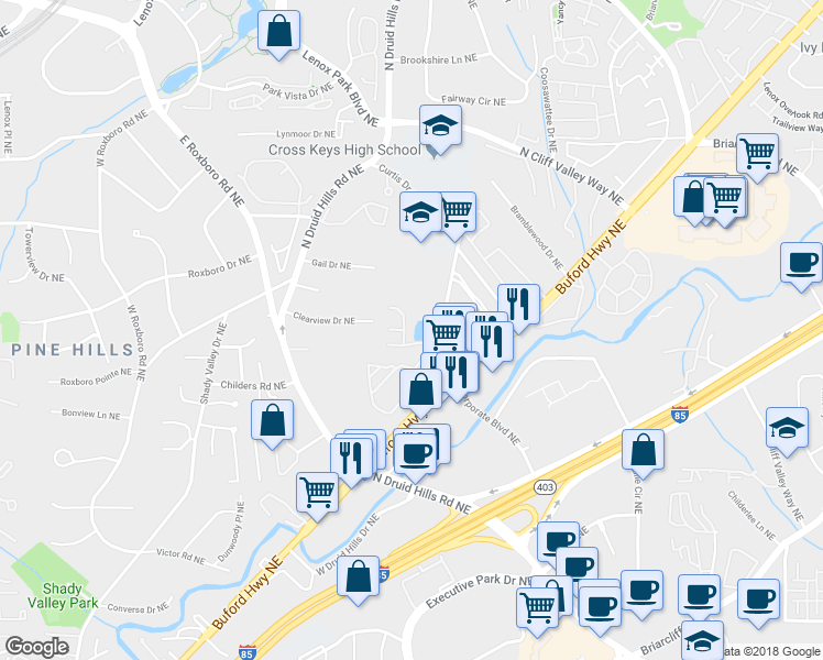 map of restaurants, bars, coffee shops, grocery stores, and more near 1282 Keys Lake Drive Northeast in Atlanta