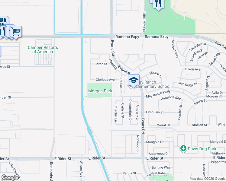 map of restaurants, bars, coffee shops, grocery stores, and more near 3620 Ginger Street in Perris