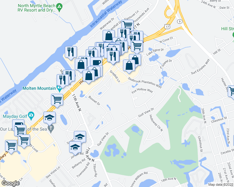 map of restaurants, bars, coffee shops, grocery stores, and more near 47 Shadow Moss Place in North Myrtle Beach