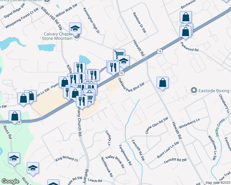 map of restaurants, bars, coffee shops, grocery stores, and more near 2225 Oakland Park Boulevard Southwest in Snellville