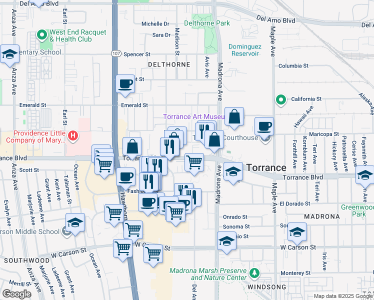 map of restaurants, bars, coffee shops, grocery stores, and more near 3525 Torrance Boulevard in Torrance