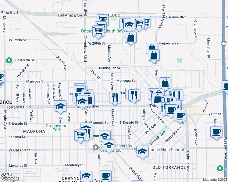 map of restaurants, bars, coffee shops, grocery stores, and more near 2325 Sierra Street in Torrance
