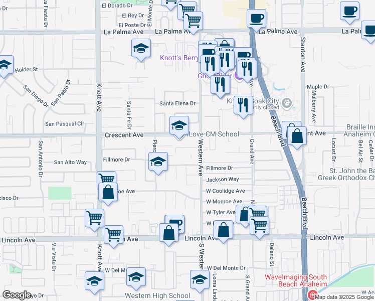 map of restaurants, bars, coffee shops, grocery stores, and more near 8586 Western Avenue in Buena Park