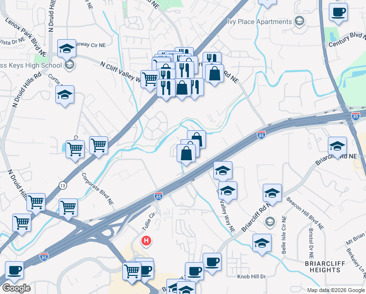 map of restaurants, bars, coffee shops, grocery stores, and more near 1590 Northeast Expressway Northeast in Atlanta