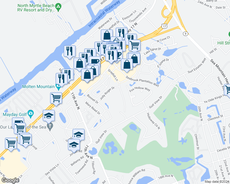 map of restaurants, bars, coffee shops, grocery stores, and more near 928 Villa Drive in North Myrtle Beach