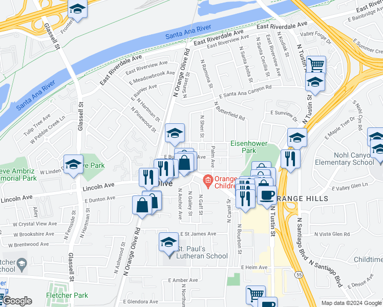 map of restaurants, bars, coffee shops, grocery stores, and more near 16591 East Buena Vista Avenue in Orange