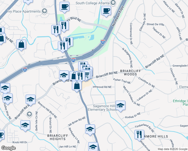 map of restaurants, bars, coffee shops, grocery stores, and more near 3150 Briarcliff Road Northeast in Atlanta