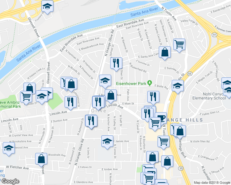 map of restaurants, bars, coffee shops, grocery stores, and more near 16591 East Buena Vista Avenue in Orange