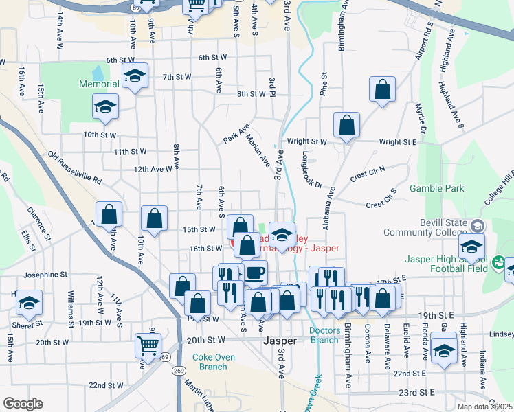 map of restaurants, bars, coffee shops, grocery stores, and more near 400 14th Street West in Jasper