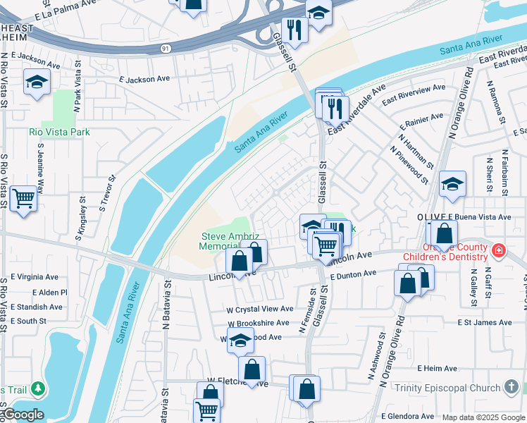 map of restaurants, bars, coffee shops, grocery stores, and more near 372 West Pebble Creek Lane in Orange