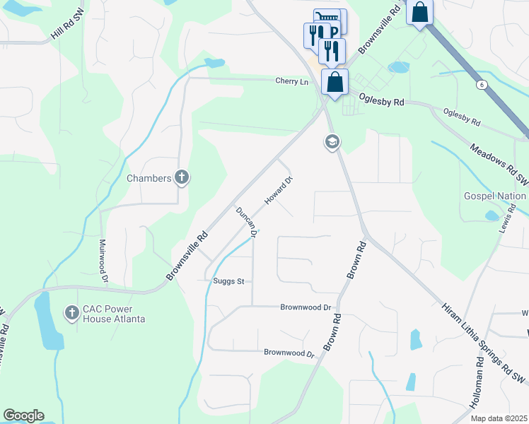 map of restaurants, bars, coffee shops, grocery stores, and more near 4763 Howard Drive in Powder Springs