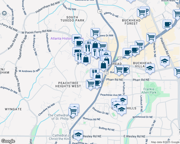 map of restaurants, bars, coffee shops, grocery stores, and more near 3057 Pharr Court North Northwest in Atlanta
