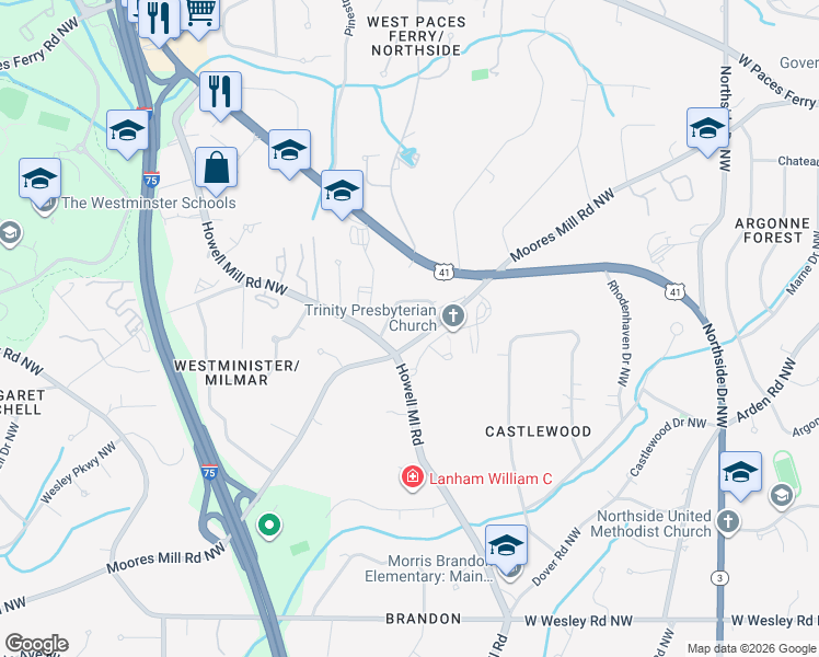 map of restaurants, bars, coffee shops, grocery stores, and more near 975 Moores Mill Road Northwest in Atlanta