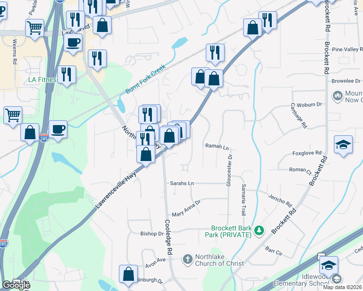 map of restaurants, bars, coffee shops, grocery stores, and more near 3417 Lawrenceville Highway in Tucker