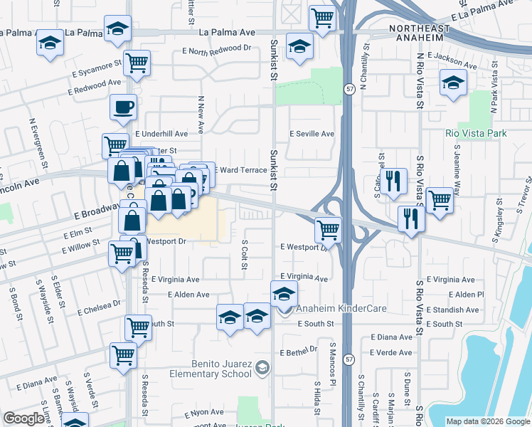 map of restaurants, bars, coffee shops, grocery stores, and more near 2450 East Lincoln Avenue in Anaheim