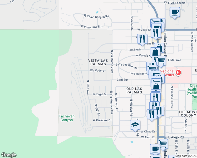 map of restaurants, bars, coffee shops, grocery stores, and more near 1130 North Paseo Dero in Palm Springs