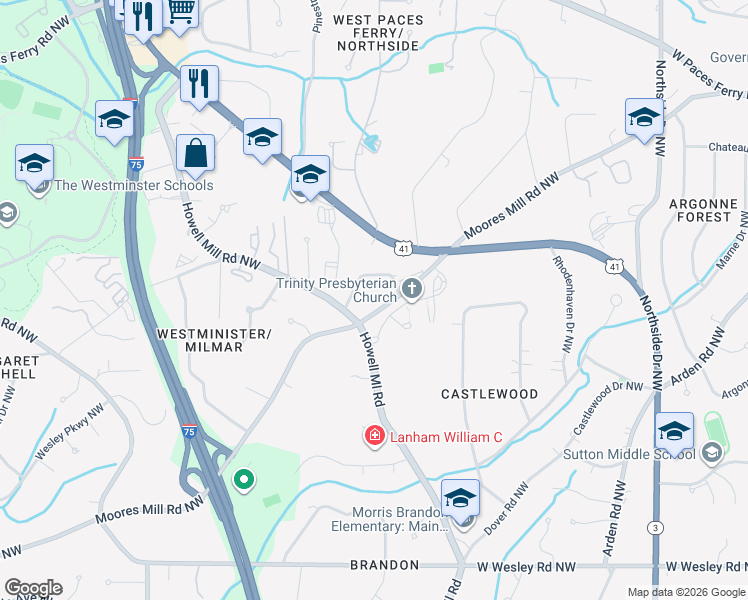 map of restaurants, bars, coffee shops, grocery stores, and more near 983 Moores Mill Road Northwest in Atlanta