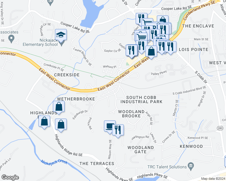 map of restaurants, bars, coffee shops, grocery stores, and more near 4804 Highside Way Southeast in Smyrna