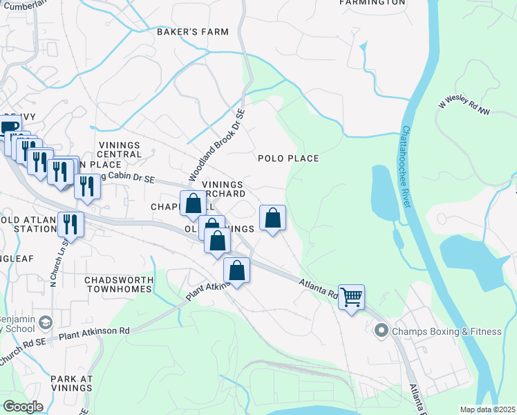 map of restaurants, bars, coffee shops, grocery stores, and more near 2729 Vinings Oak Drive South East in Smyrna