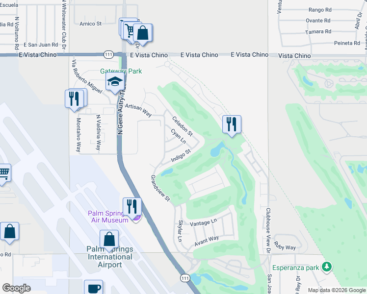 map of restaurants, bars, coffee shops, grocery stores, and more near 1146 Cyan Lane in Palm Springs