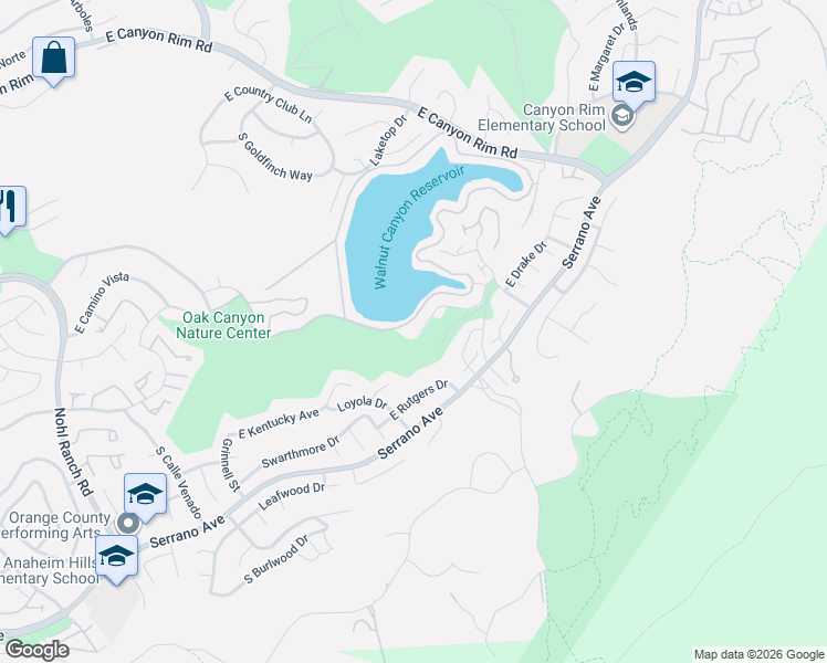 map of restaurants, bars, coffee shops, grocery stores, and more near 6909 East Shorecrest Drive in Anaheim