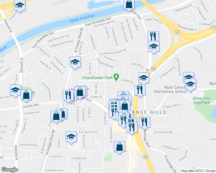 map of restaurants, bars, coffee shops, grocery stores, and more near 8581 Oceanview Avenue in Orange