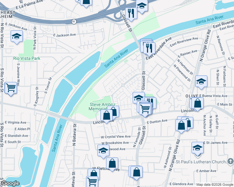 map of restaurants, bars, coffee shops, grocery stores, and more near 372 West Pebble Creek Lane in Orange