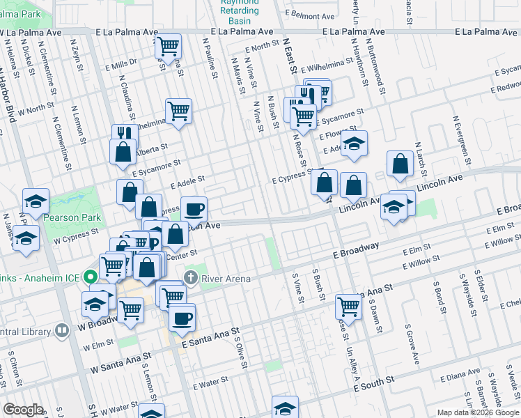 map of restaurants, bars, coffee shops, grocery stores, and more near 135 North Pauline Street in Anaheim