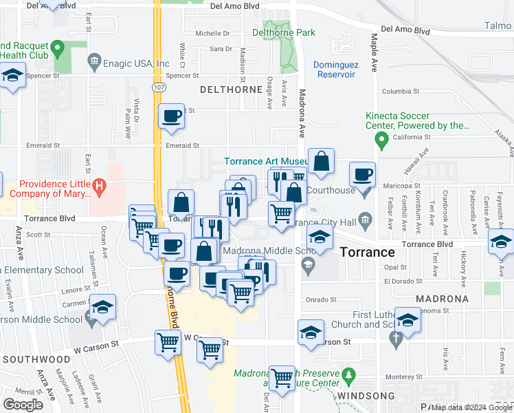 map of restaurants, bars, coffee shops, grocery stores, and more near 3450 Maricopa Street in Torrance