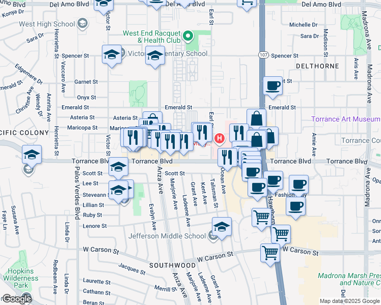 map of restaurants, bars, coffee shops, grocery stores, and more near 21104 Ladeene Avenue in Torrance