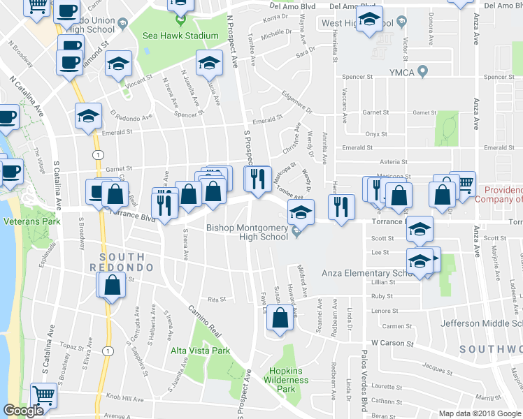 map of restaurants, bars, coffee shops, grocery stores, and more near 1010 Torrance Boulevard in Redondo Beach