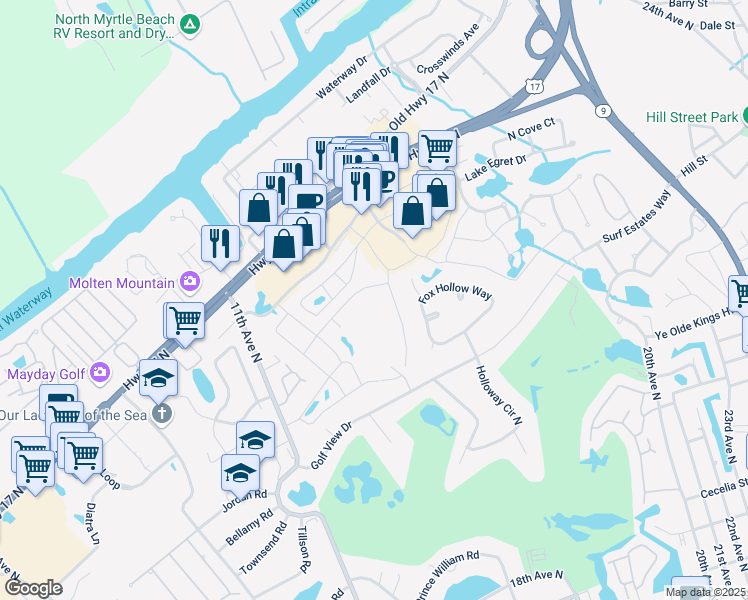 map of restaurants, bars, coffee shops, grocery stores, and more near 47 Shadow Moss Place in North Myrtle Beach