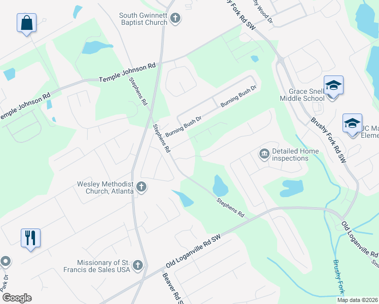 map of restaurants, bars, coffee shops, grocery stores, and more near 1320 Compton Woods Drive in Loganville