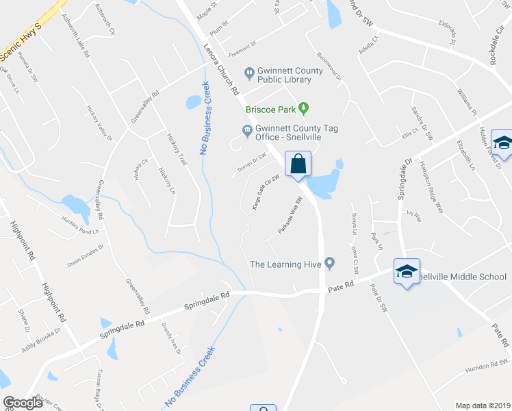 map of restaurants, bars, coffee shops, grocery stores, and more near 2100 Kings Gate Circle Southwest in Snellville