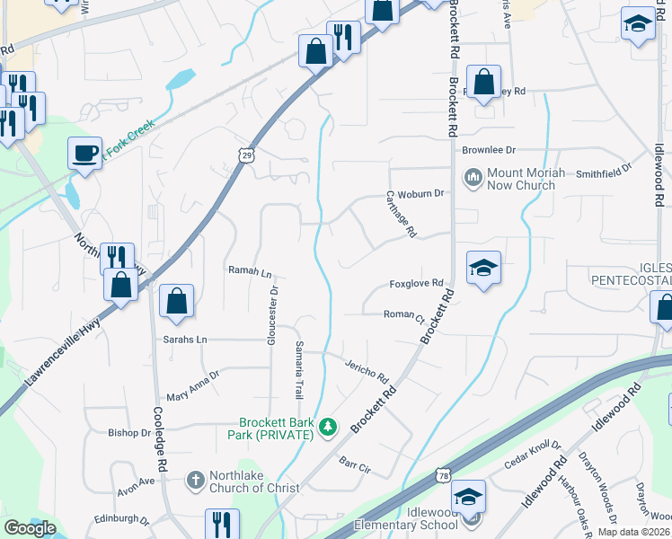 map of restaurants, bars, coffee shops, grocery stores, and more near 3911 Oberlin Court in Tucker